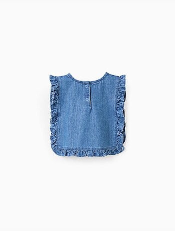 Top in denim stile poncho con volant e ricamo