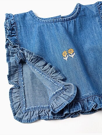 Top in denim stile poncho con volant e ricamo