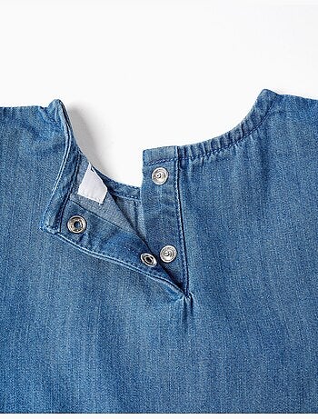 Top in denim stile poncho con volant e ricamo
