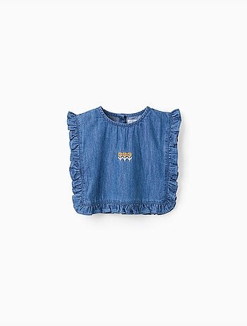 Top in denim stile poncho con volant e ricamo