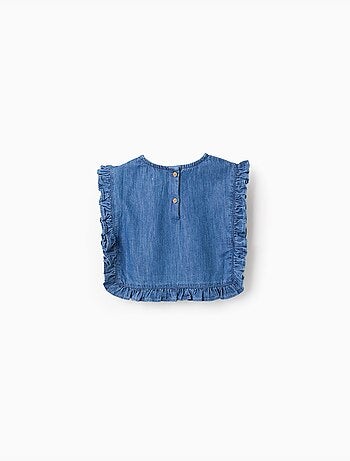 Top in denim stile poncho con volant e ricamo