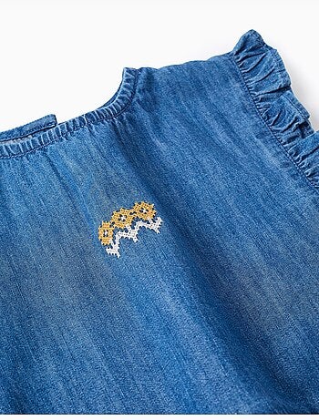 Top in denim stile poncho con volant e ricamo