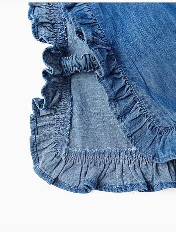 Top in denim stile poncho con volant e ricamo