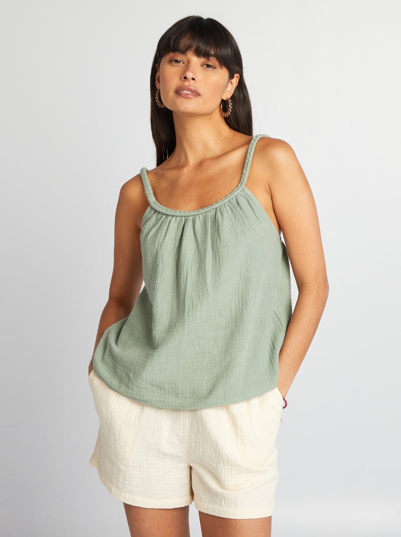 Top in garza di cotone e spalline intrecciate VERDE - Kiabi