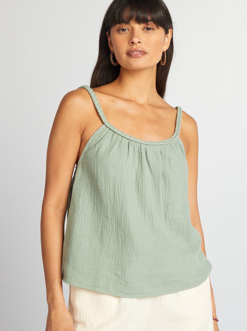 Top in garza di cotone e spalline intrecciate VERDE - Kiabi