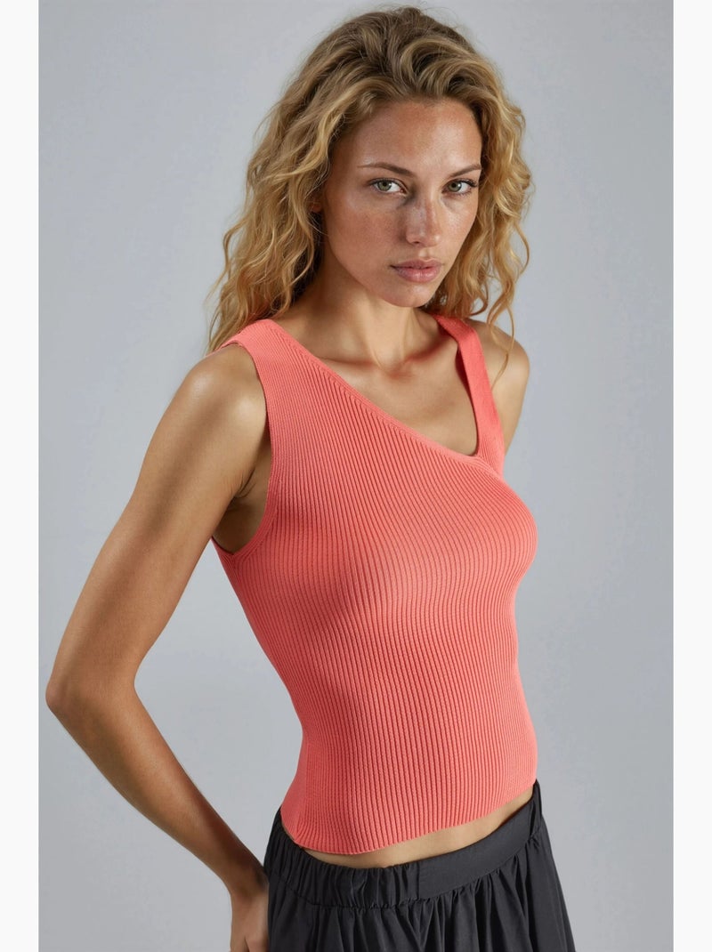 Top in maglia a coste senza maniche con scollo asimmetrico e vestibilità aderente my fashion Arancione mandarino - Kiabi