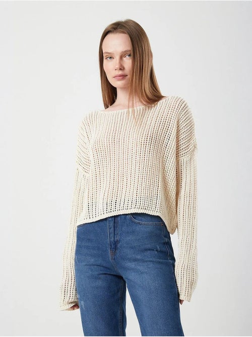 Top in maglia crop con scollo a barca e lavorazione traforata mixray - Kiabi Top in maglia crop con scollo a barca e lavorazione traforata mixray - Kiabi
