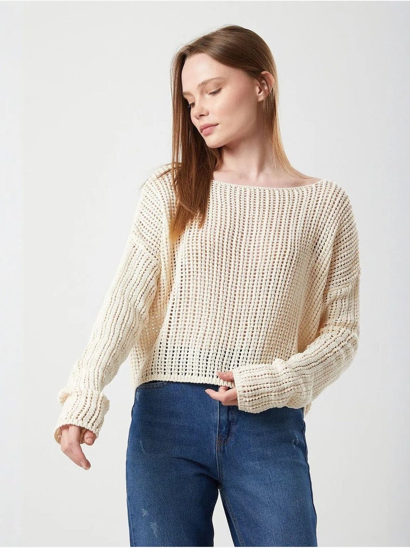 Top in maglia crop con scollo a barca e lavorazione traforata mixray Beige - Kiabi