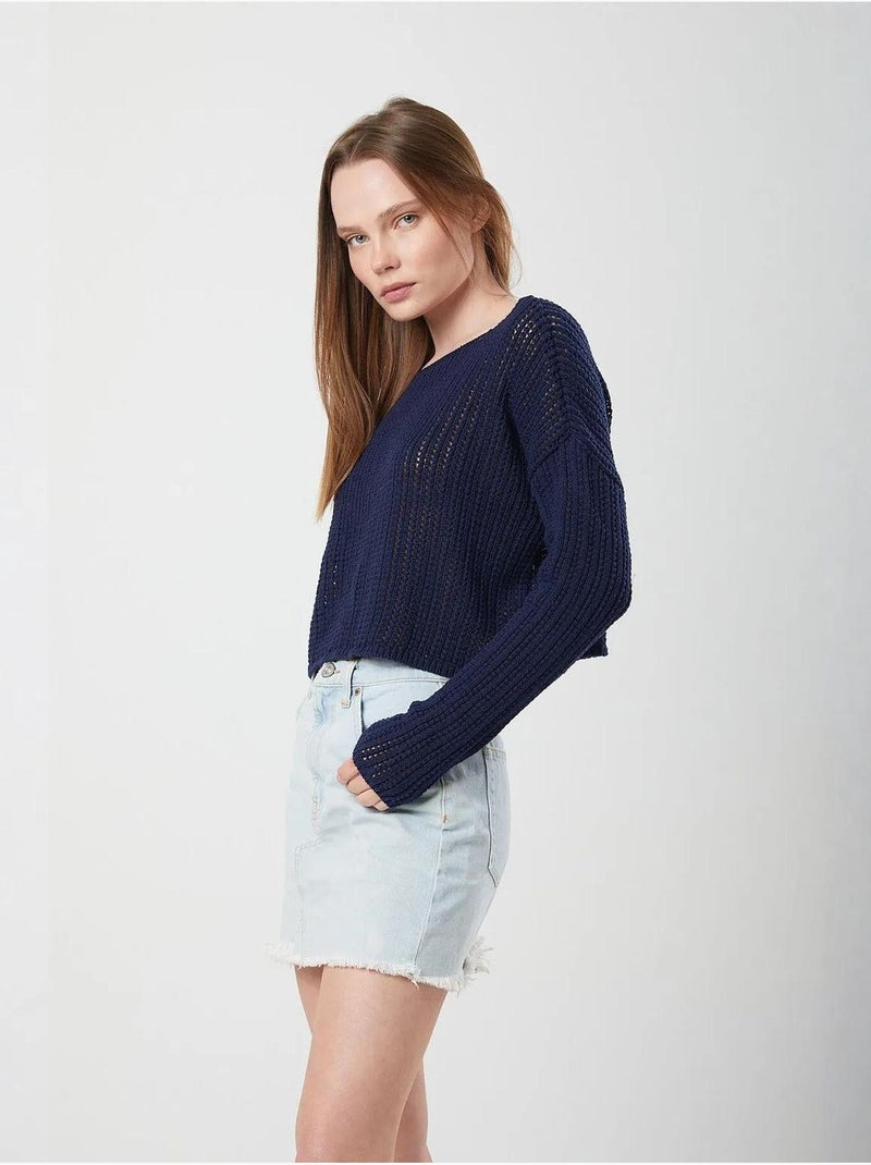 Top in maglia crop con scollo a barca e lavorazione traforata mixray Blu marino - Kiabi