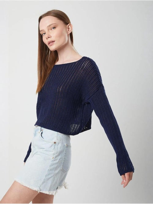 Top in maglia crop con scollo a barca e lavorazione traforata mixray - Kiabi Top in maglia crop con scollo a barca e lavorazione traforata mixray - Kiabi