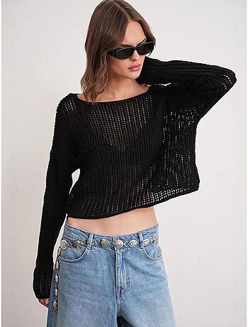 Top in maglia crop con scollo a barca e lavorazione traforata mixray