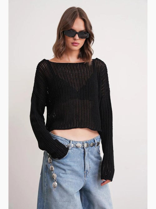 Top in maglia crop con scollo a barca e lavorazione traforata mixray - Kiabi Top in maglia crop con scollo a barca e lavorazione traforata mixray - Kiabi