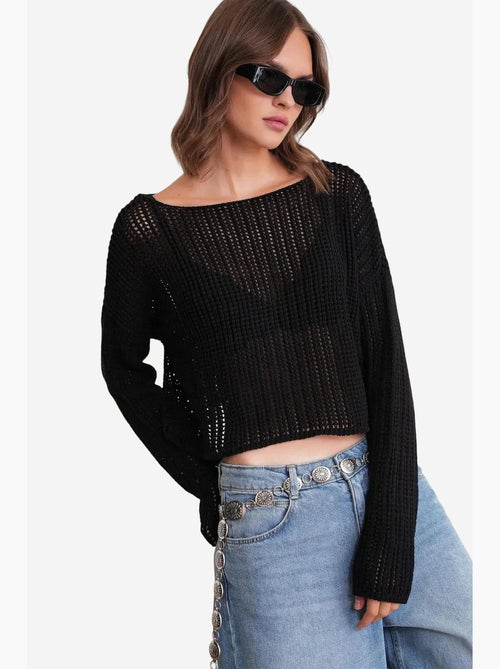 Top in maglia crop con scollo a barca e lavorazione traforata mixray - Kiabi Top in maglia crop con scollo a barca e lavorazione traforata mixray - Kiabi