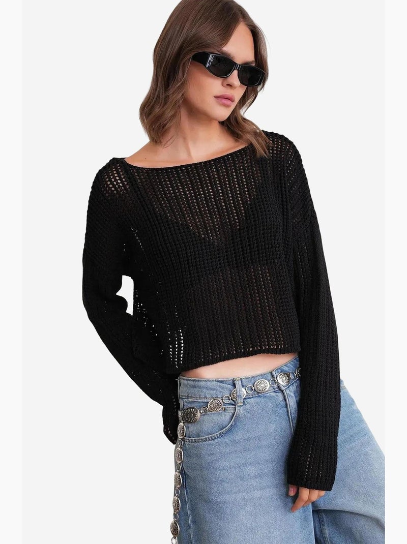 Top in maglia crop con scollo a barca e lavorazione traforata mixray Nero - Kiabi