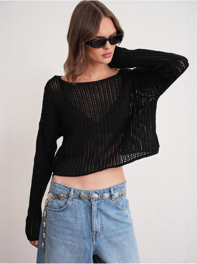 Top in maglia crop con scollo a barca e lavorazione traforata mixray Nero - Kiabi