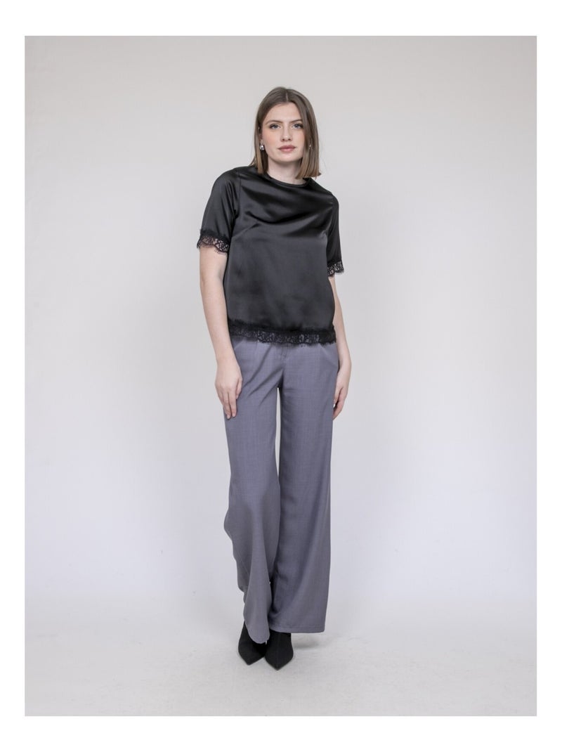 Top in satin con rifinitura in pizzo FERNADA Nero - Kiabi