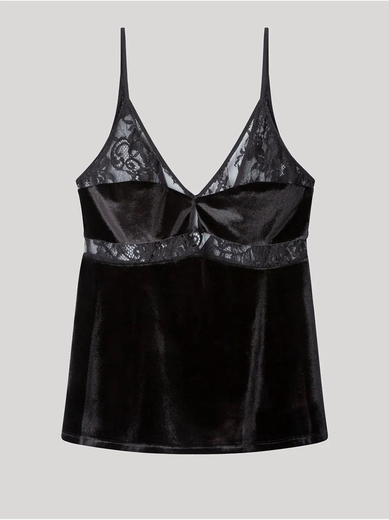 Top in velluto morbido con dettagli in pizzo raffinato Nero - Kiabi