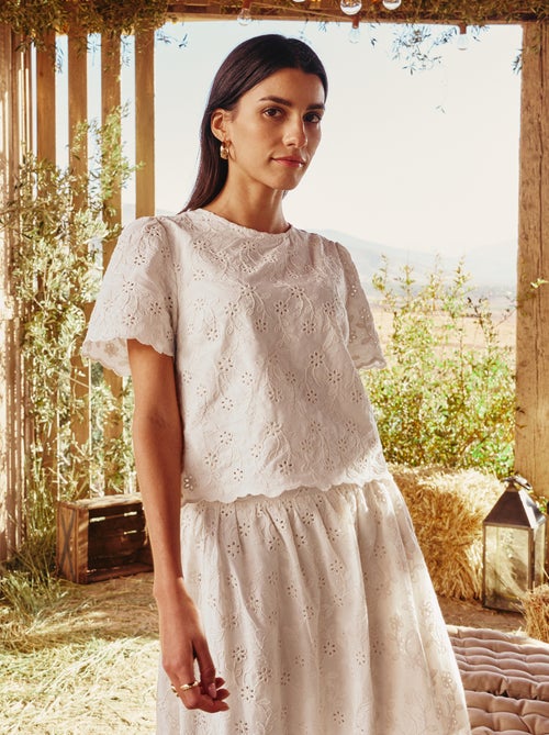 Top maniche corte in cotone tinta unita con ricami sangallo - Kiabi