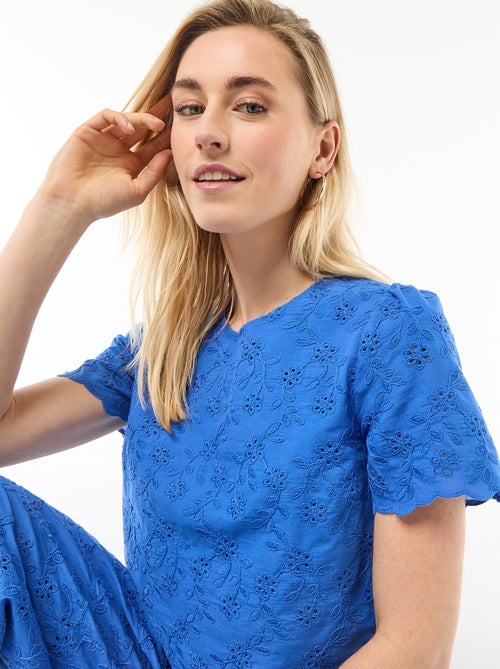 Top maniche corte in cotone tinta unita con ricami sangallo - Kiabi