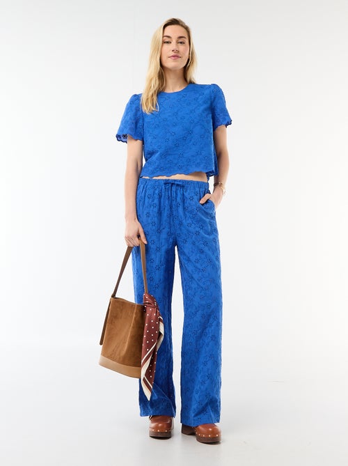 Top maniche corte in cotone tinta unita con ricami sangallo - Kiabi