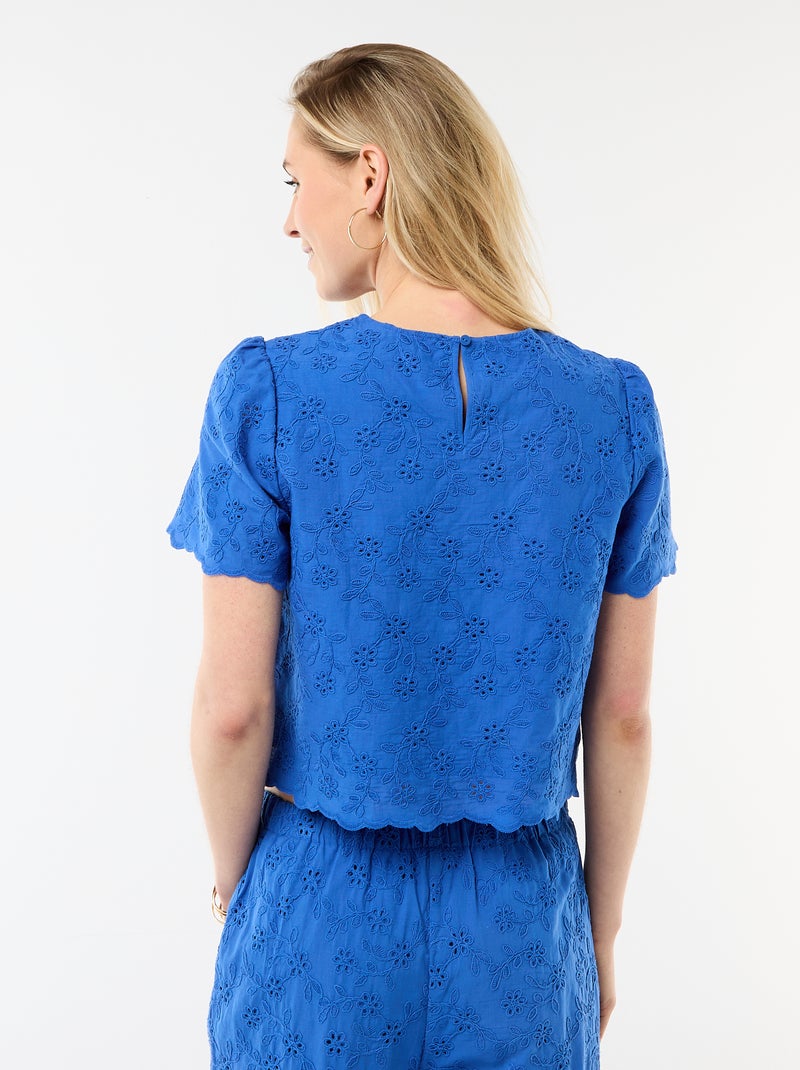 Top maniche corte in cotone tinta unita con ricami sangallo Blu - Kiabi