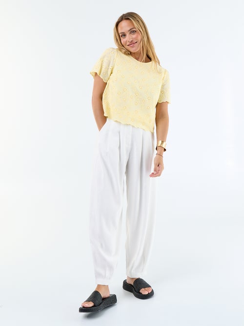 Top maniche corte in cotone tinta unita con ricami sangallo - Kiabi