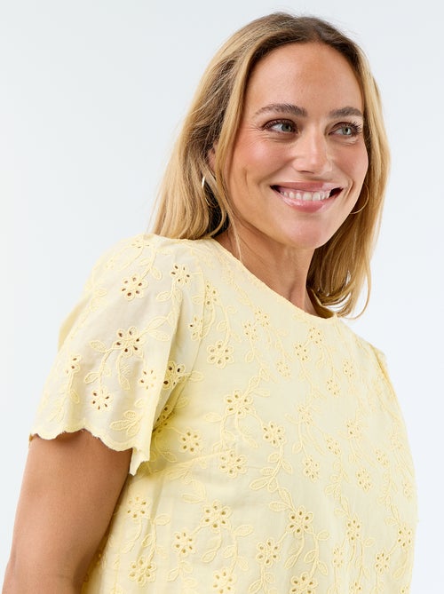 Top maniche corte in cotone tinta unita con ricami sangallo - Kiabi