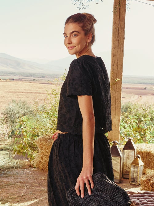 Top maniche corte in cotone tinta unita con ricami sangallo - Kiabi