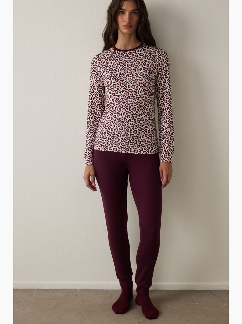 Top pigiama a maniche lunghe con effetto termico e stampa leopardata penti Bianco Rosso - Kiabi