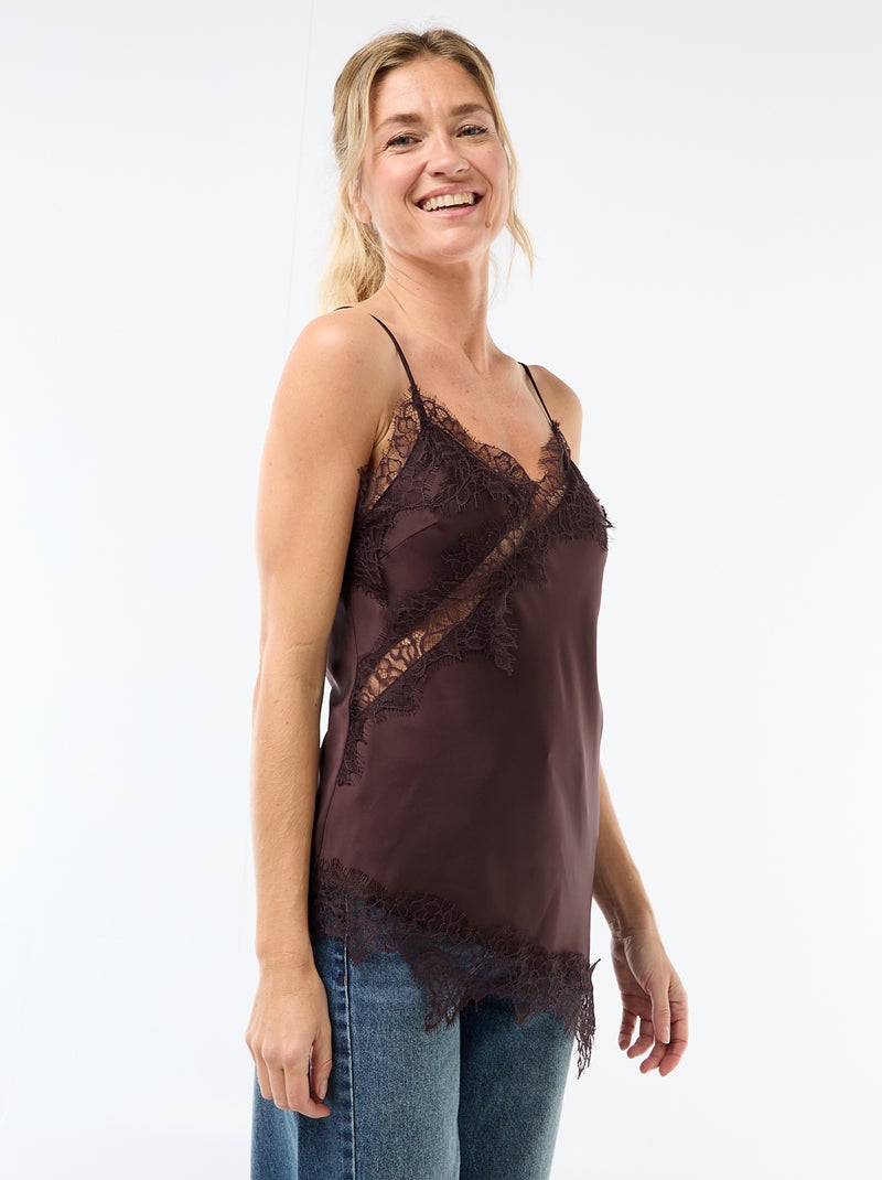 Top satinato con pizzo Marrone - Kiabi