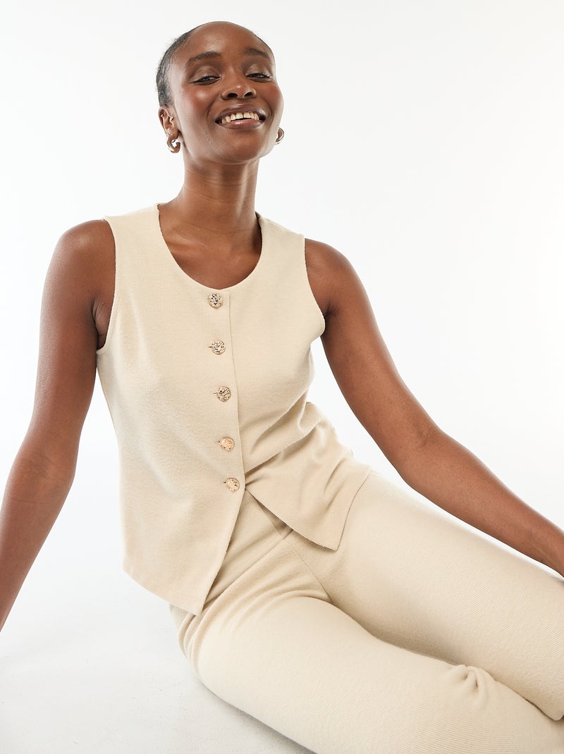 Top smanicato abbottonato in maglia morbida Beige - Kiabi
