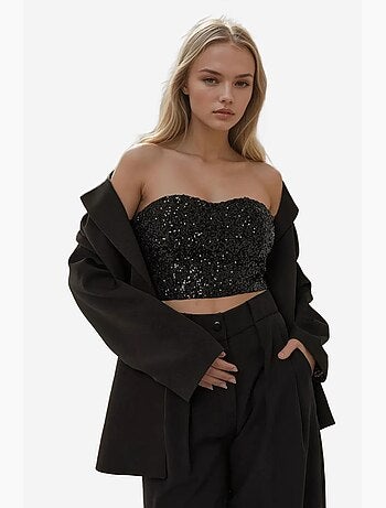 Top smanicato collo cuore con paillettes corto hiccup