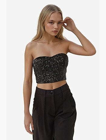 Top smanicato collo cuore con paillettes corto hiccup
