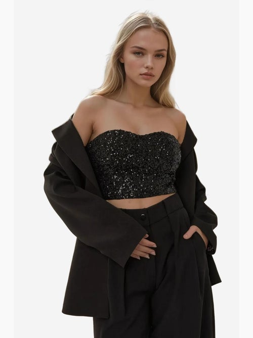 Top smanicato collo cuore con paillettes corto hiccup - Kiabi Top smanicato collo cuore con paillettes corto hiccup - Kiabi