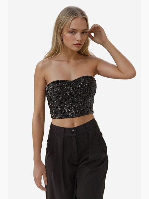 Top smanicato collo cuore con paillettes corto hiccup - Kiabi Top smanicato collo cuore con paillettes corto hiccup - Kiabi