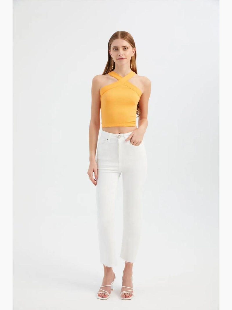 Top smanicato halter incrociato corto hiccup Arancione - Kiabi