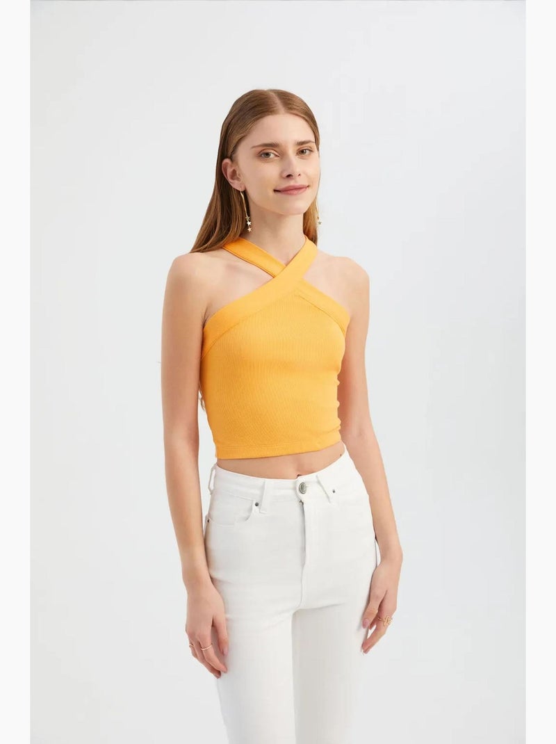 Top smanicato halter incrociato corto hiccup Arancione - Kiabi