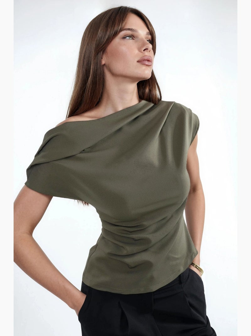 Top smanicato monospalla plissettato hiccup Cachi - Kiabi
