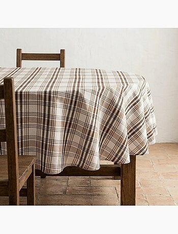 Tovaglia antimacchia tonda con motivo tartan, tatto e caduta naturale - Gamusi.