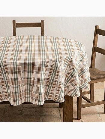 Tovaglia antimacchia tonda con motivo tartan, tatto e caduta naturale - Gamusi.