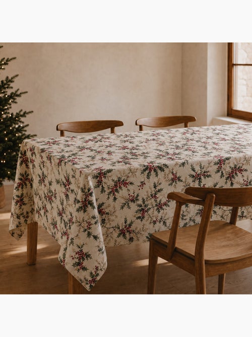 Tovaglia natalizia effetto lino naturale con stampa agrifoglio - gamusi. - Kiabi Tovaglia natalizia effetto lino naturale con stampa agrifoglio - gamusi. - Kiabi