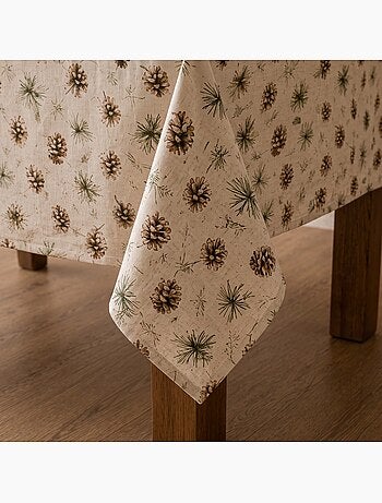Tovaglia natalizia effetto lino naturale con stampa di pini - gamusi.