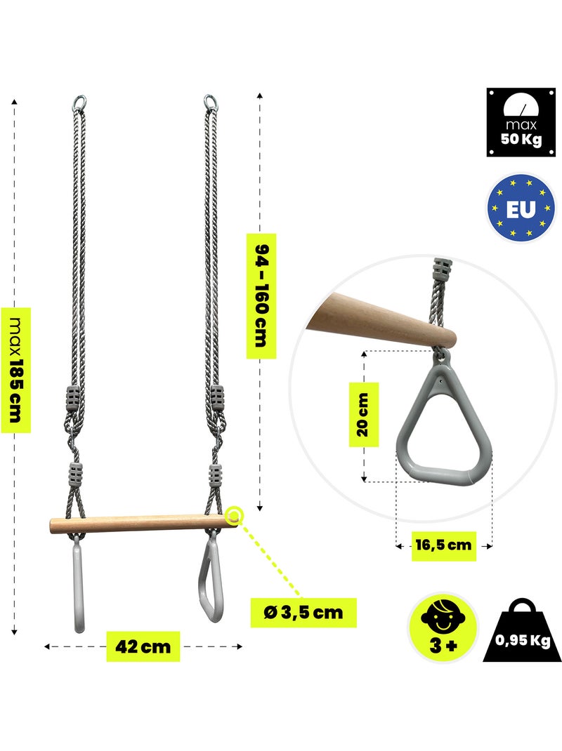 Trapezio ginnastica bambini hypermotion con anelli e barra in legno, altalena da giardino regolabile Grigio - Kiabi