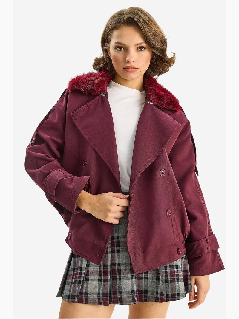 Trench coat con colletto in pelliccia sintetica lucci Rosso bordeaux - Kiabi