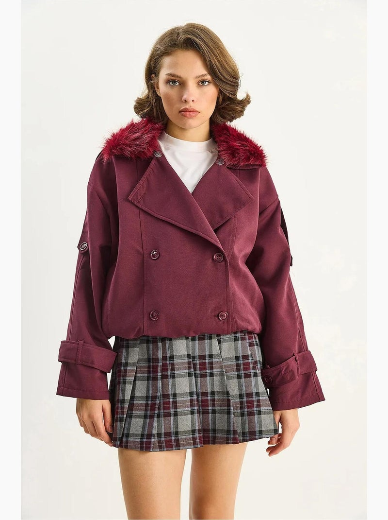 Trench coat con colletto in pelliccia sintetica lucci Rosso bordeaux - Kiabi