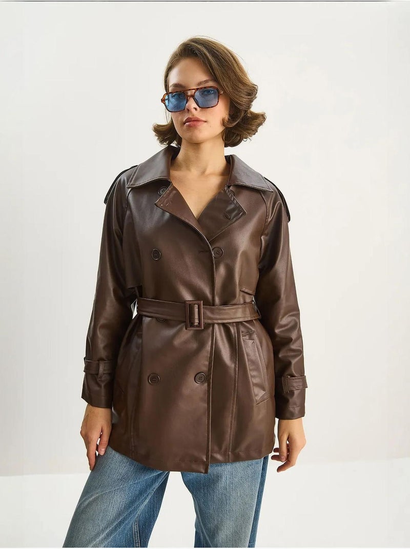 Trench coat doppiopetto in ecopelle lucci Marrone chiaro - Kiabi