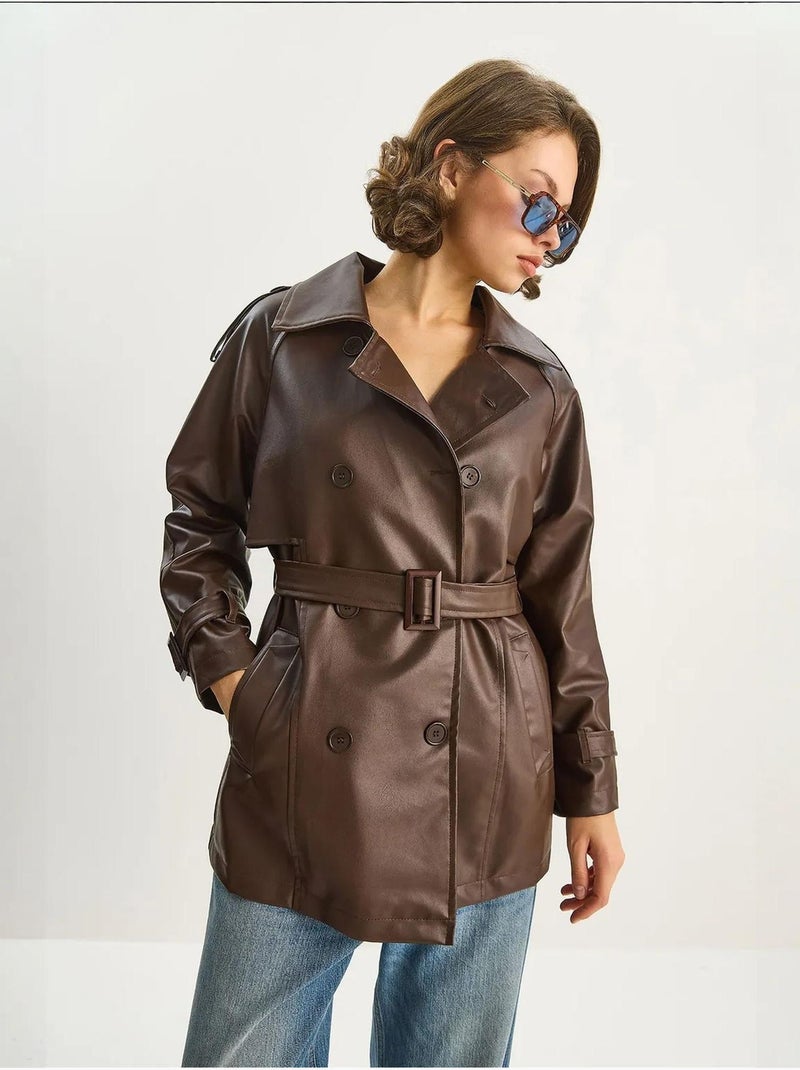 Trench coat doppiopetto in ecopelle lucci Marrone chiaro - Kiabi