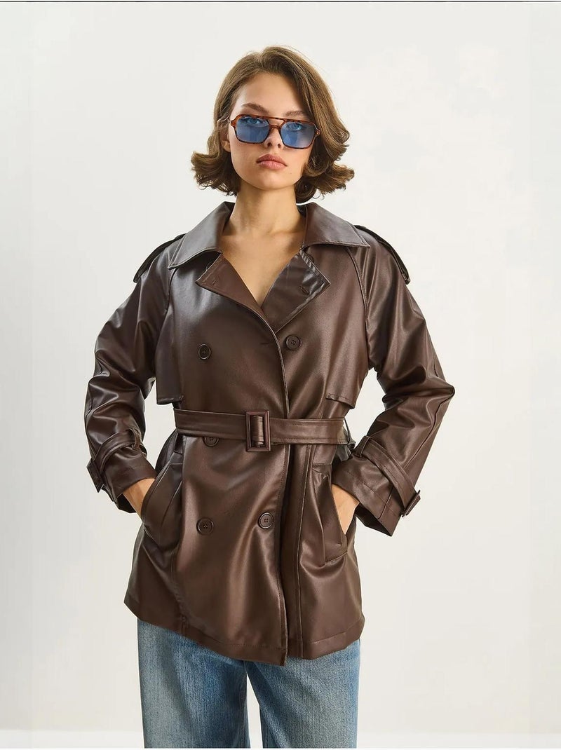 Trench coat doppiopetto in ecopelle lucci Marrone chiaro - Kiabi