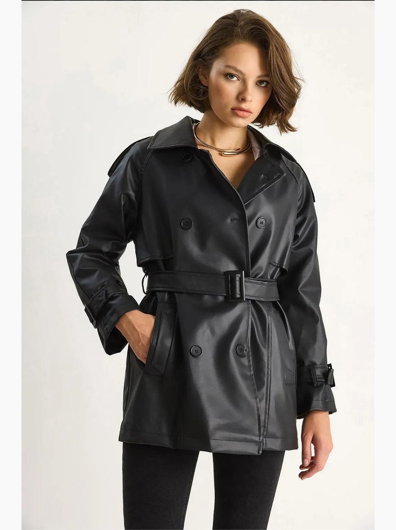 Trench coat doppiopetto in ecopelle lucci Nero - Kiabi