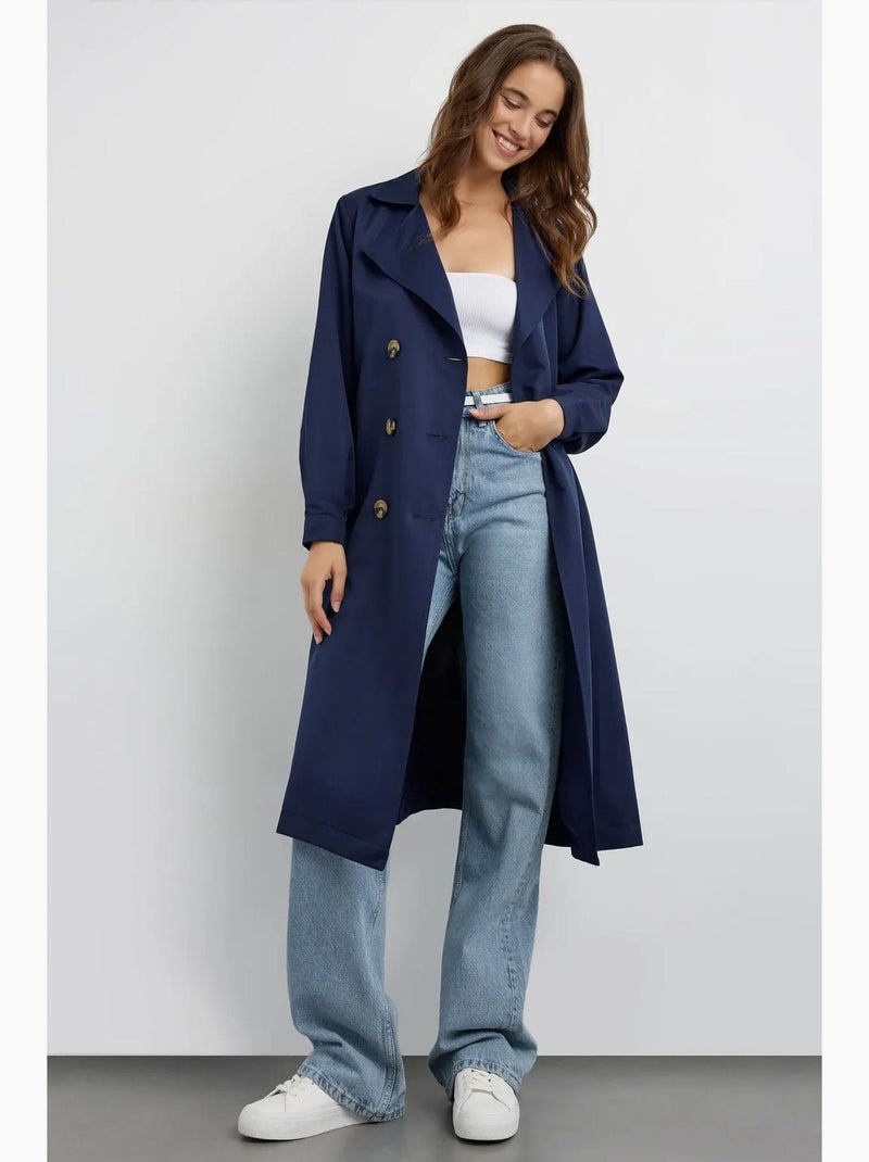 Trench coat lungo doppiopetto con cintura hiccup Blu marino - Kiabi